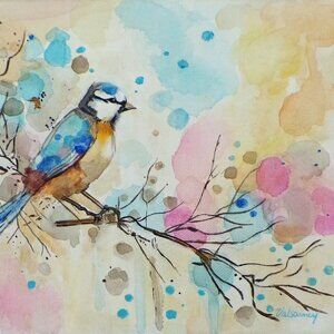 Original Bird Painting Dreamy Inks & Acrylic on Canvas